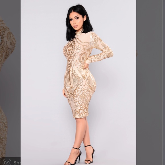 Fashion Nova Calcy Sequin Mesh Midi Dress - Gold, Size S - Picture 1 of 5